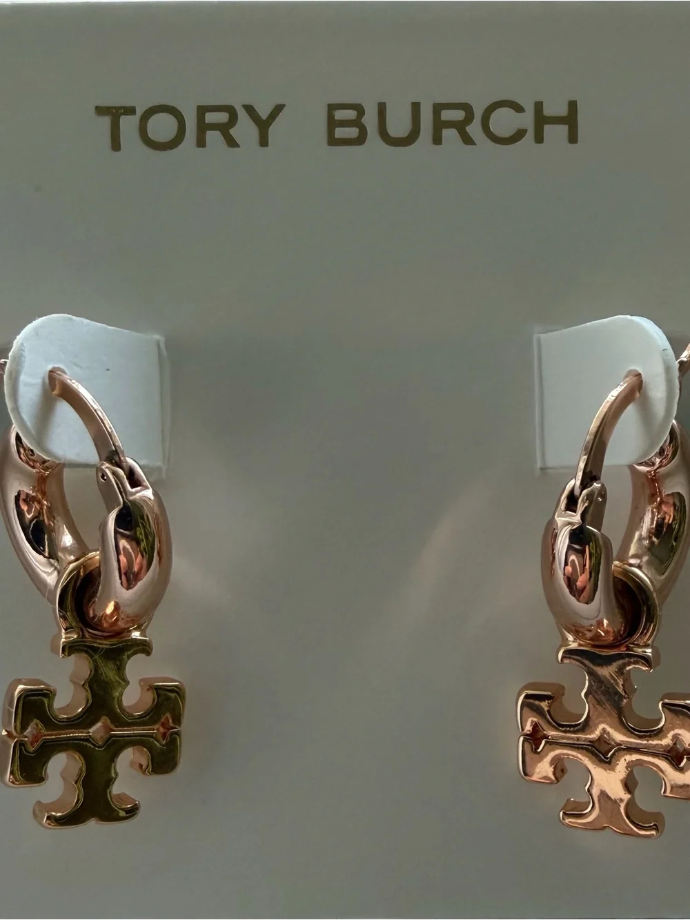 Tory Burch Rose Gold Logo Drop Hoop Earrings with Charm